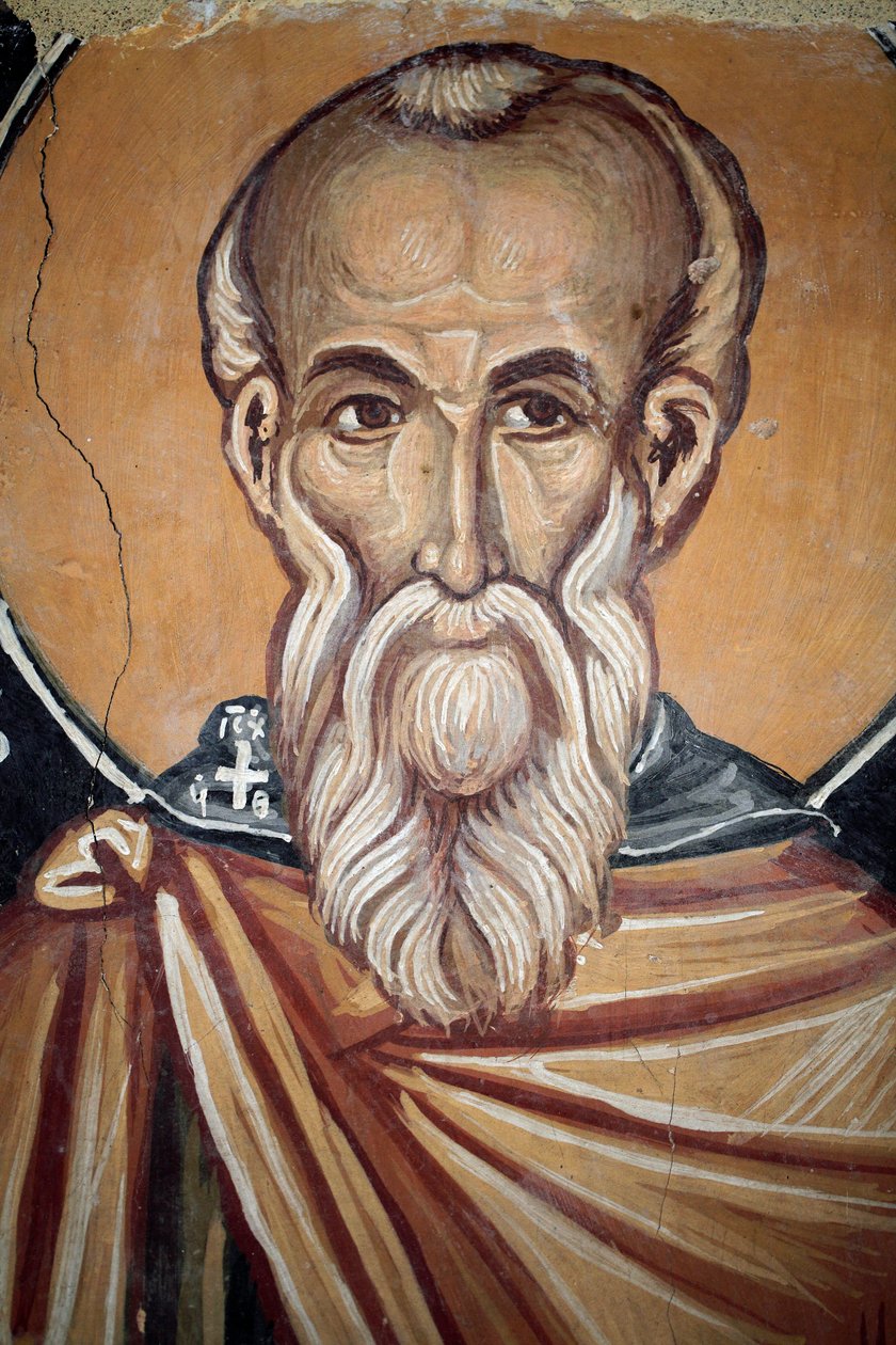 Fresco Bizantino del Siglo XV (detalle) San Teodosio el Cenobita Pintura Mural Capilla del Arcángel Miguel, Aldea de Galata, Chipre Iglesias Pintadas Sitio UNESCO Troodos, Chipre de Unknown