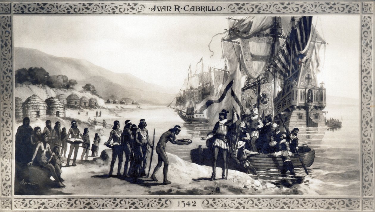 California: 1542 Una pintura que representa a Juan Rodríguez Cabrillo encontrándose con nativos en la costa de California durante su expedición. de Unknown