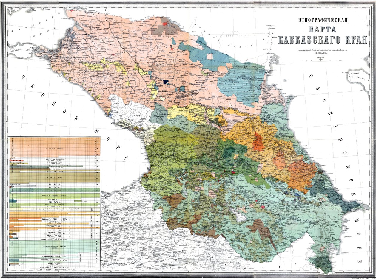 Mapa etnográfico de la región del Cáucaso, 1880 (Escala: 1:1080000) de Николай Карлович Зейдлиц