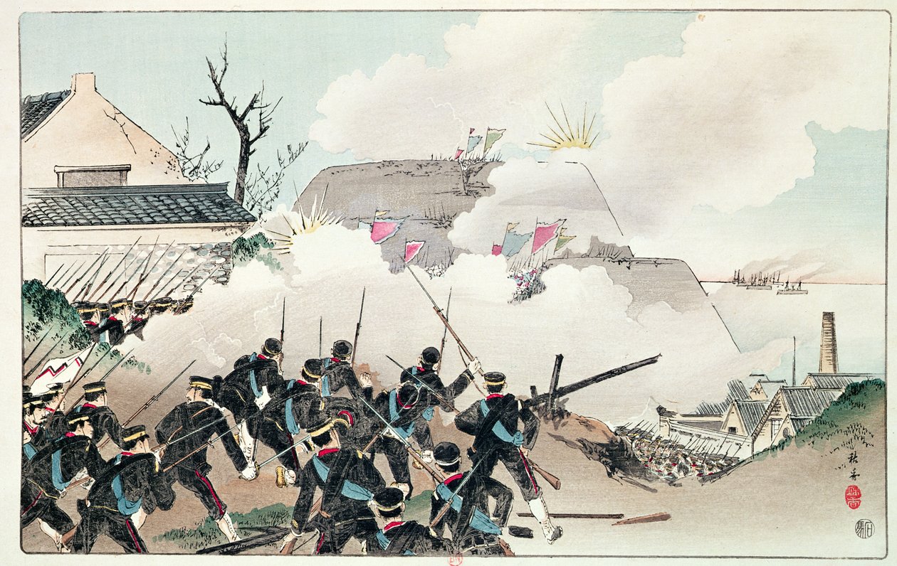 La Batalla de Port Arthur, c.1894 (grabado en color) de Chinese School