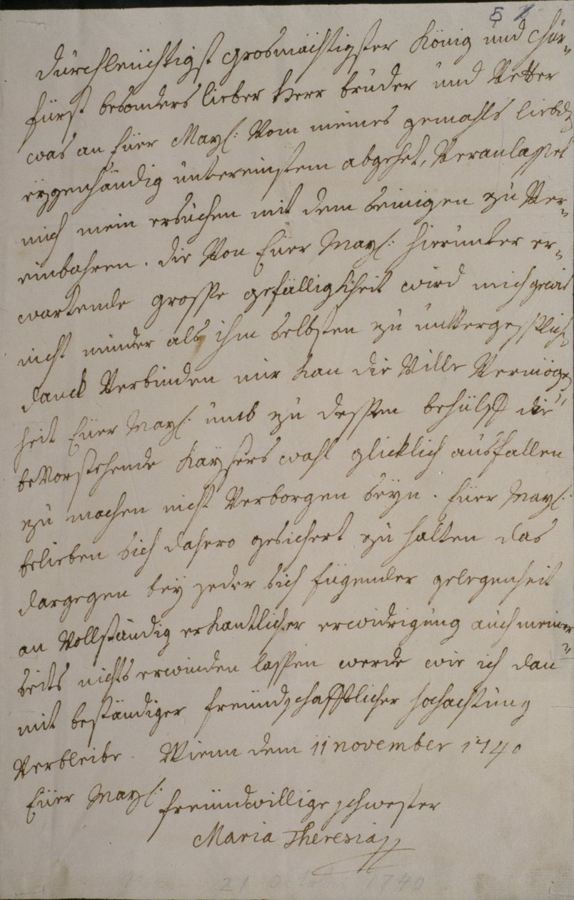 Carta de María Teresa al rey Federico II pidiendo su apoyo para la elección imperial de su esposo Francisco I, 11 de noviembre de 1740 de Maria Theresa of Austria