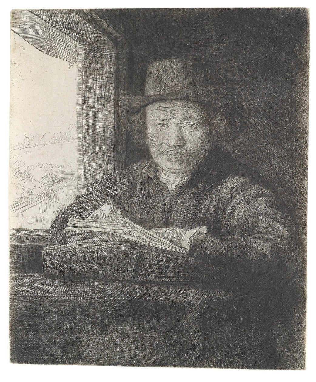 Autorretrato dibujando en la ventana de Rembrandt van Rijn