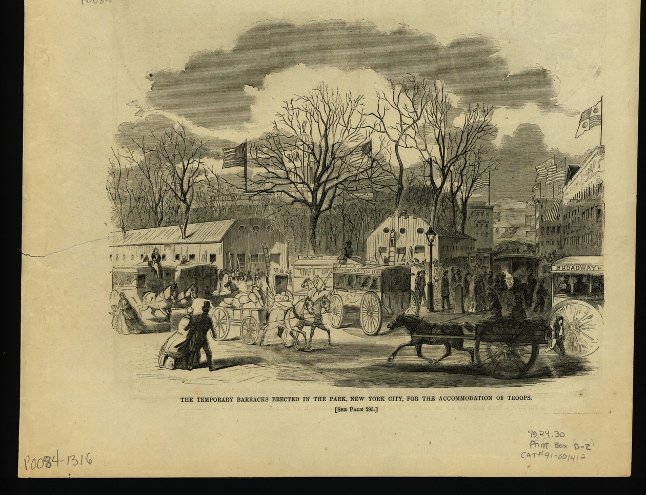 Impresión de una escena de parque de la ciudad con edificios, carros tirados por caballos y personas en primer plano con varios edificios con banderas ondeando sobre ellos y árboles en el fondo. de Unknown