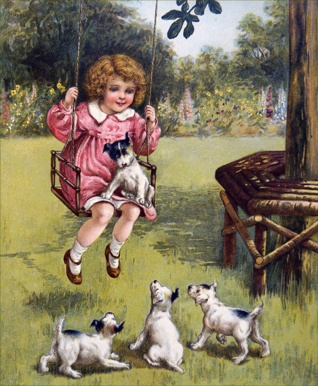 Una niña con sus cachorros de Unknown