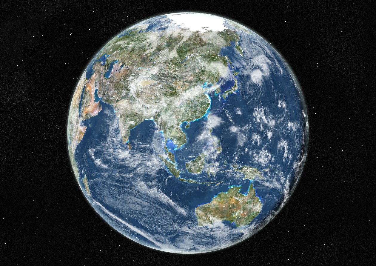 Globo centrado en Asia y Oceanía, imagen satelital en color verdadero de Unknown