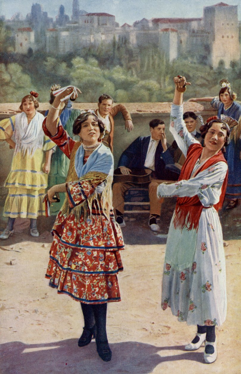 España. Castañuelas y guitarras acompañan los bailes rítmicos de las jóvenes gitanas de Granada. 1920 de Unknown