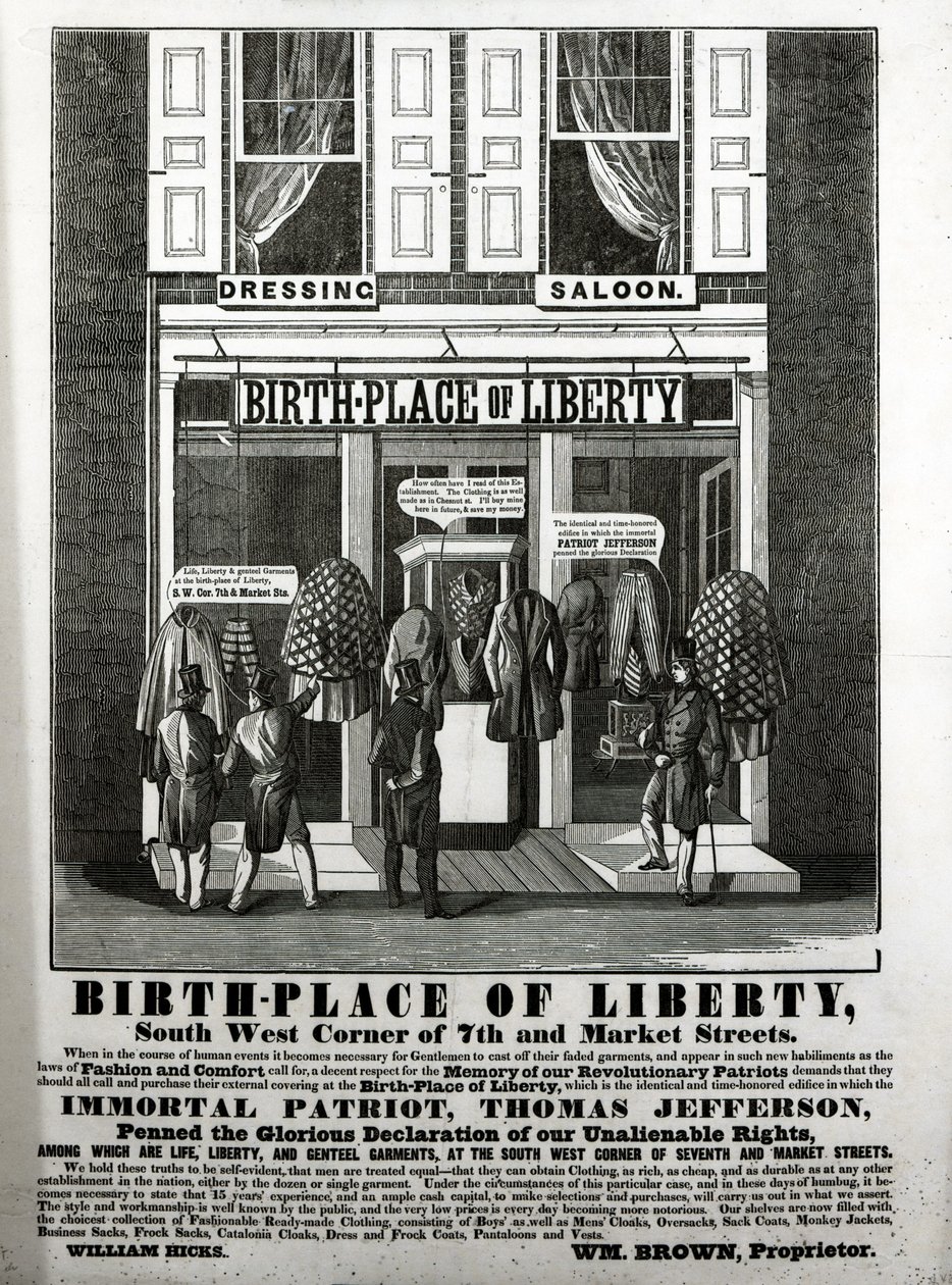Lugar de nacimiento del salón de vestir Liberty, esquina suroeste de las calles 7 y Market... en el que el inmortal patriota, Thomas Jefferson, escribió la gloriosa declaración de nuestros derechos inalienables... de American School