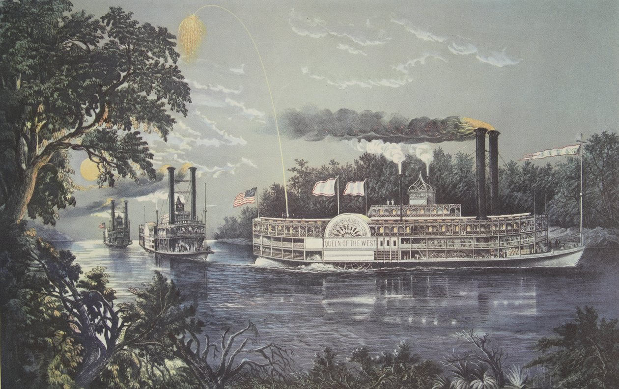 Rodeando una curva en el Mississippi, Steamboat Queen of the West, pub. 1866 de American School