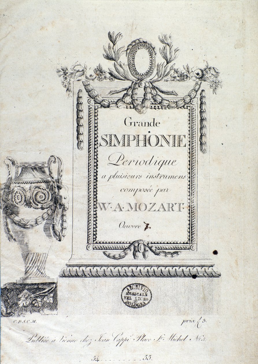 Frontispicio de la Sinfonía N. 7 por el compositor austríaco Wolfgang Amadeus Mozart (1756-1791). de Austrian School