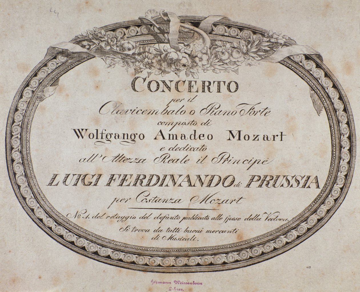 Frontispicio de la partitura de concierto para piano y clavecín por el compositor austríaco Wolfgang Amadeus Mozart (1756-1791). de Austrian School