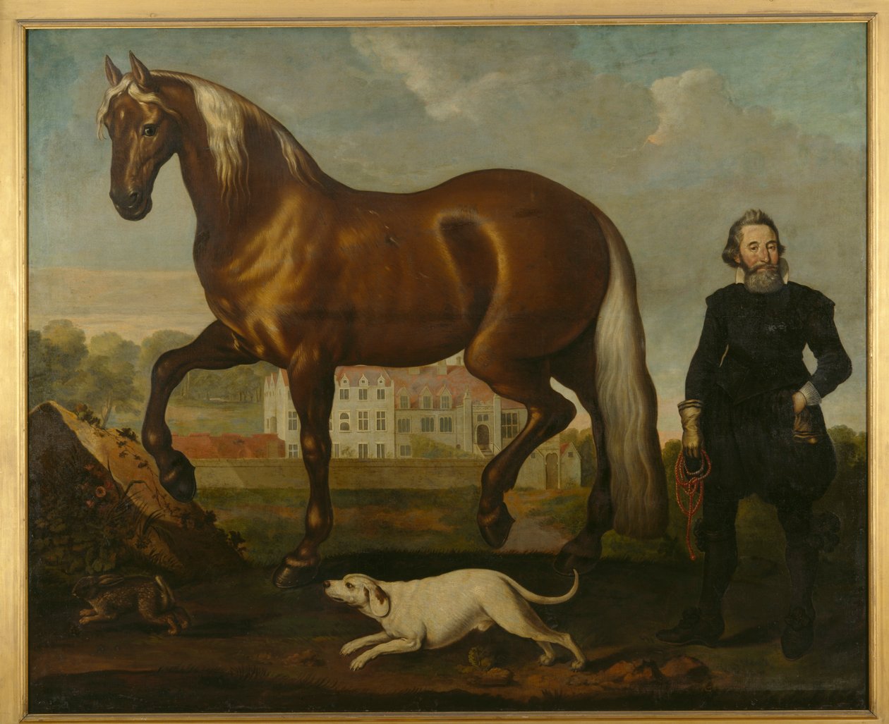 Un caballo bayo con vista de la Abadía de Welbeck – Frente oeste de English School
