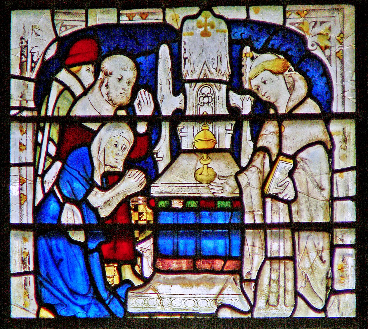 Ventana que representa a una mujer leprosa rezando en el santuario de St. William Wellcome, York Minster de English School