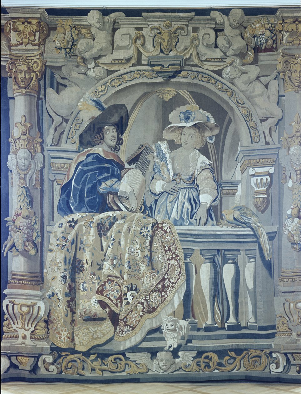 Tapiz con una dama y un caballero en un balcón de Flemish School