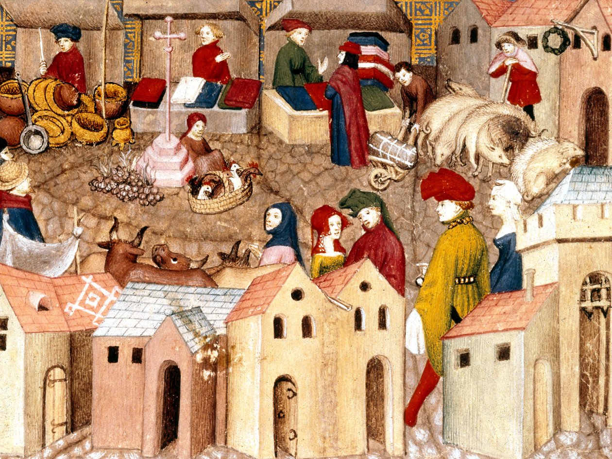 El mercado, iluminación de Le Chevalier errant por Thomas III de Saluces, París, c.1400-05 de French School