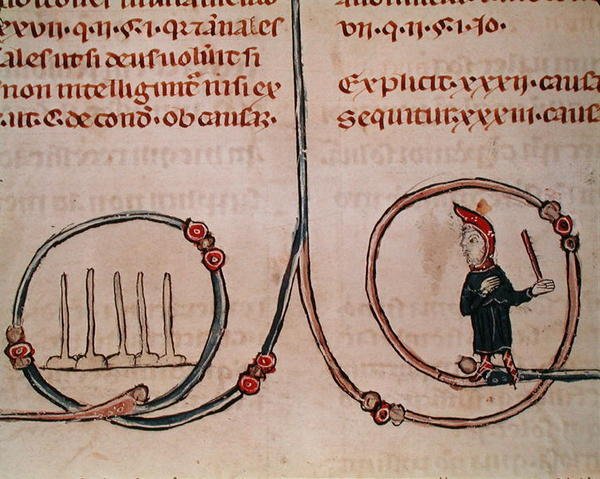 Ms 372 fol.181v Un hombre jugando a los bolos, de Decrets de Gratien de French School