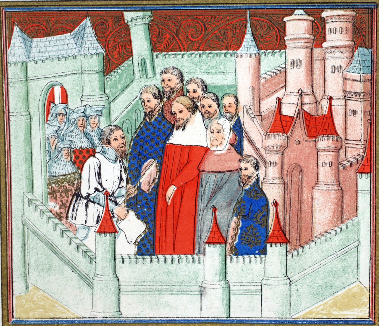 Ricardo II en el Castillo de Flint donde fue entregado prisionero a Bolingbroke, su rival al trono, copia facsímil de Le Prinse et Mort du Roy Richart por Jean Creton, reimpreso en el siglo XIX de French School