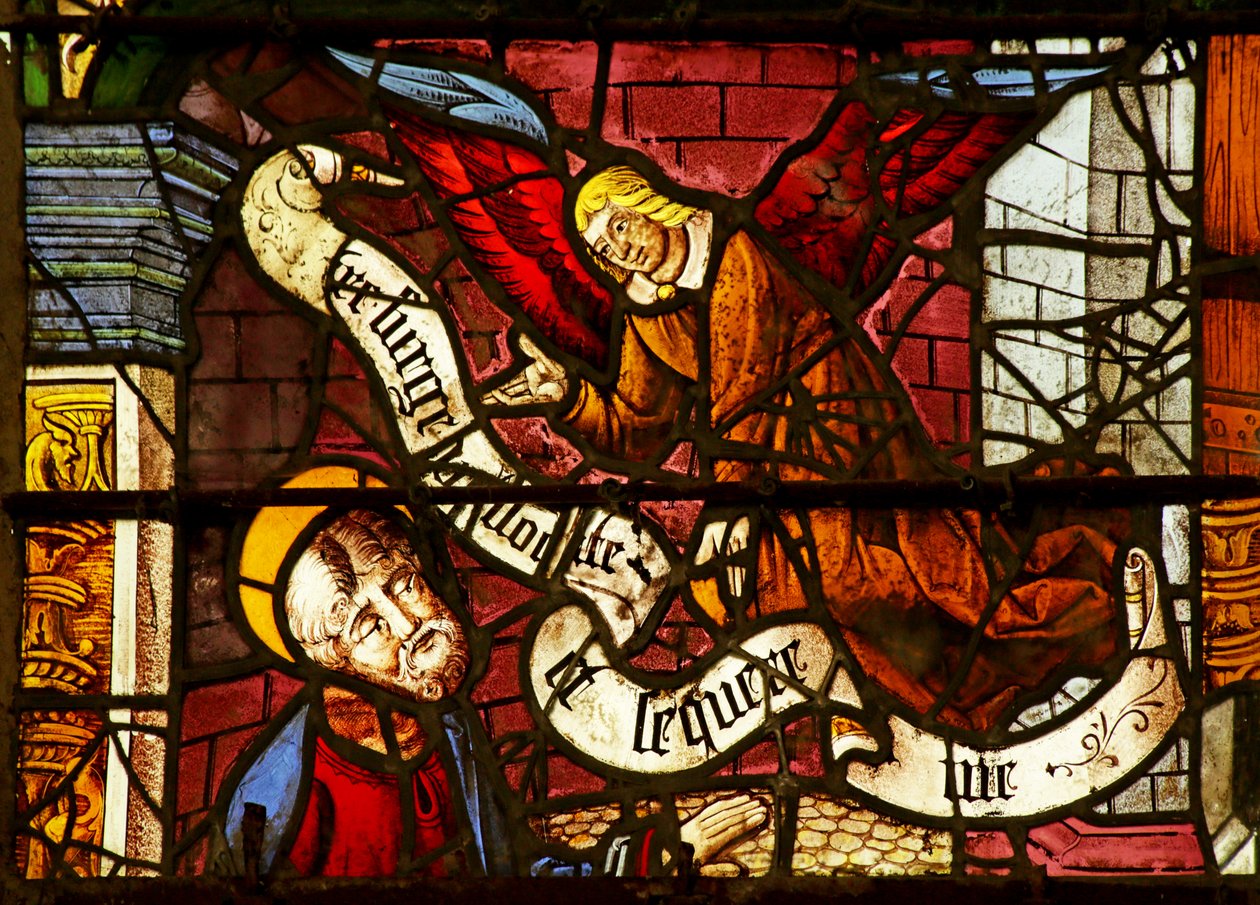 Vidriera que representa Fragmentos y el Ángel apareciendo a San Pedro en prisión de French School