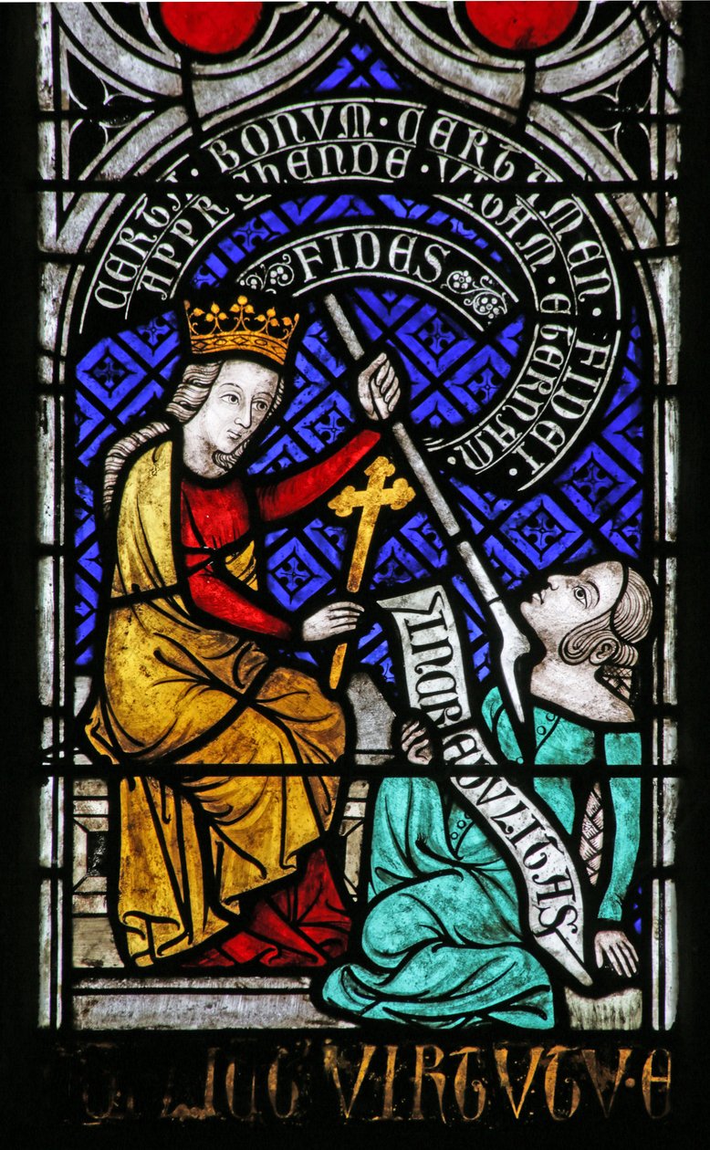 Ventana que representa la Psychomachia: Fe e Idolatría de French School