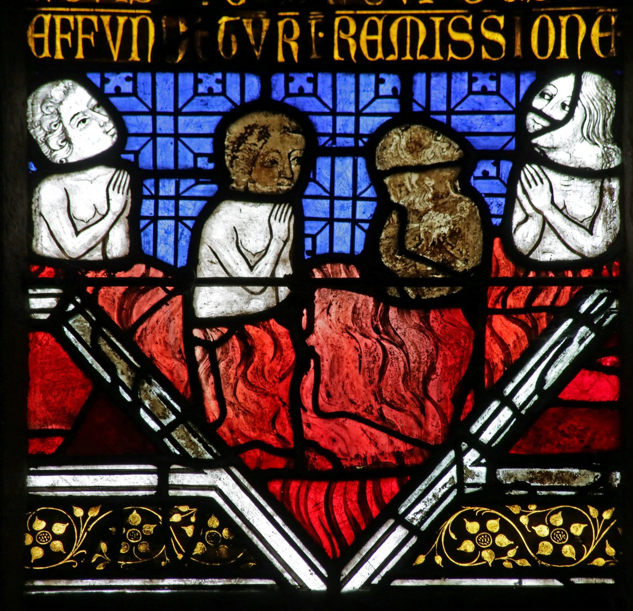 Ventana que representa las Almas en el Purgatorio bajo la Misa de French School