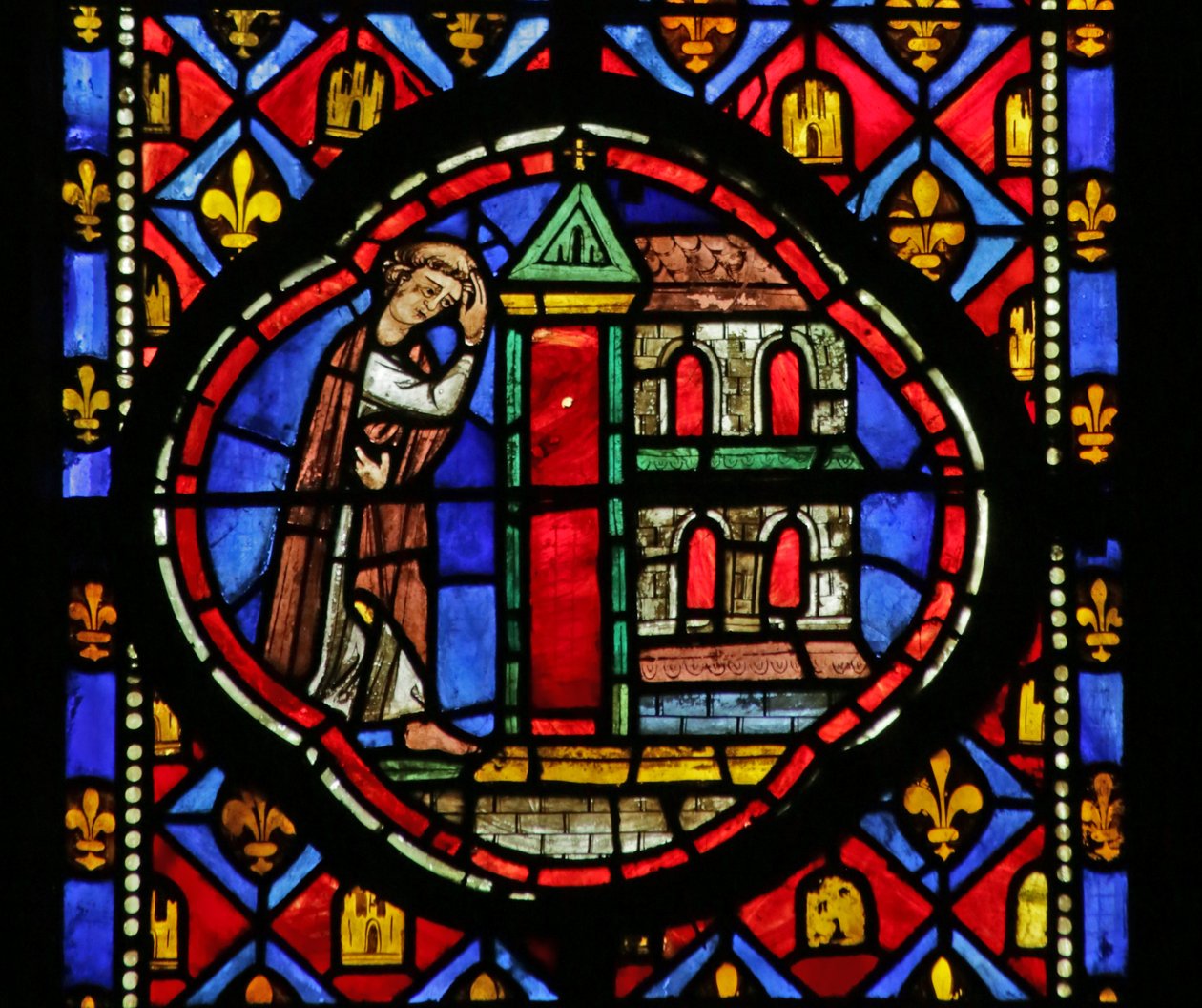 Vidriera que representa a Teófilo construyendo una iglesia de French School