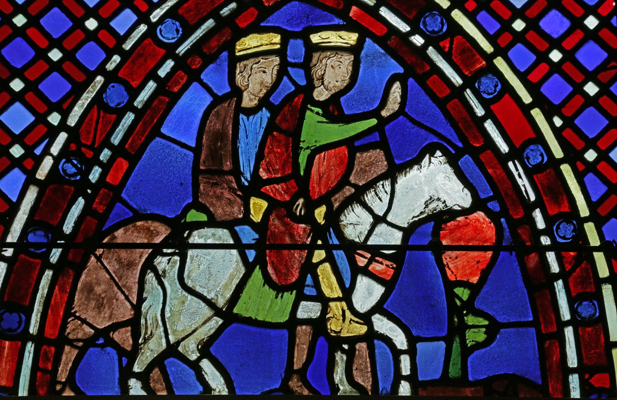 Ventana que representa a Dos Magos a caballo de French School
