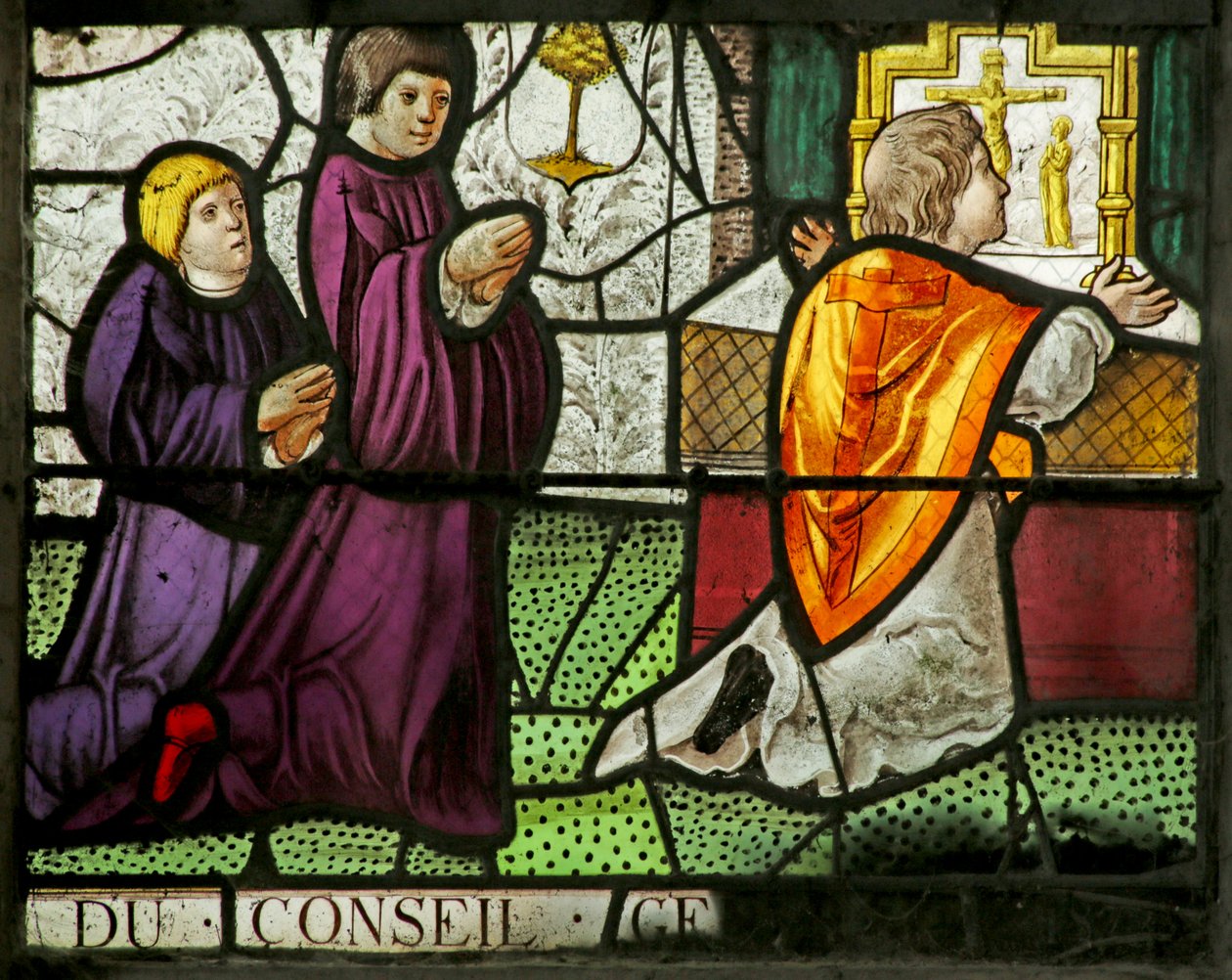 Ventana que representa a una familia de donantes asistiendo a la Misa de French School