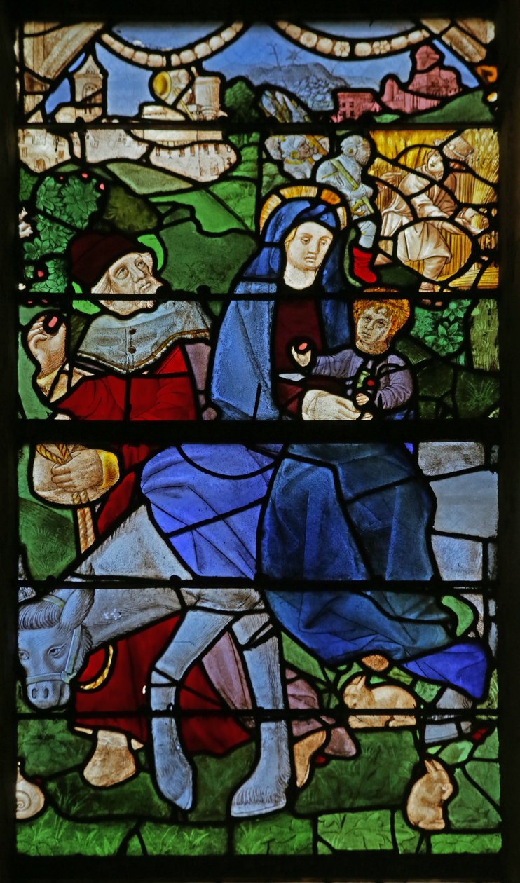 Ventana que representa la Huida a Egipto de French School