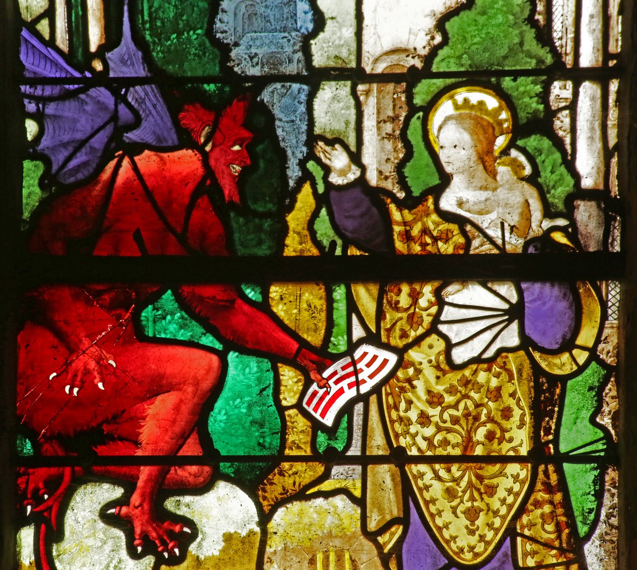 Vidriera que representa a la Virgen María recuperando el pacto de Teófilo del diablo de French School