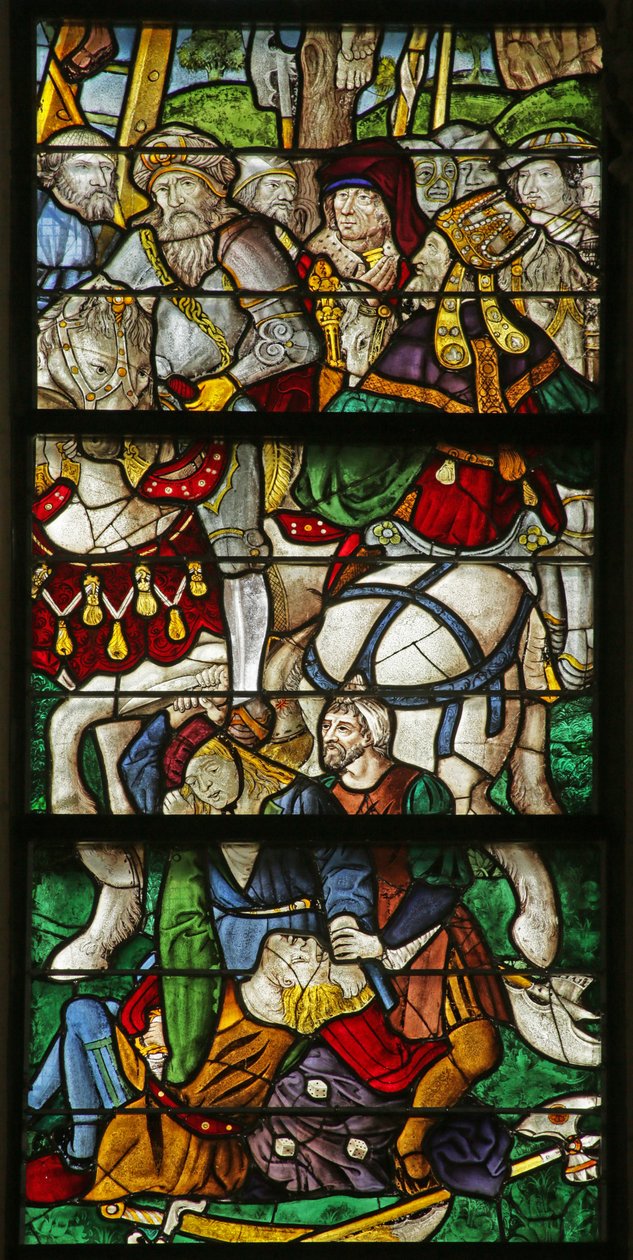 Vidriera que representa el sorteo de las vestiduras de Cristo en la Crucifixión (detalle) de French School