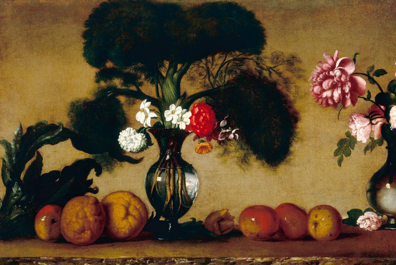 Dos jarrones con flores, frutas y una alcachofa de Italian School