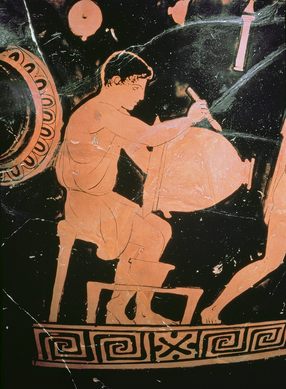 Cratera de campana de figuras rojas áticas, detalle que muestra a un alfarero pintando una cratera de campana, c.430-425 a.C. (detalle) de Komaris Painter