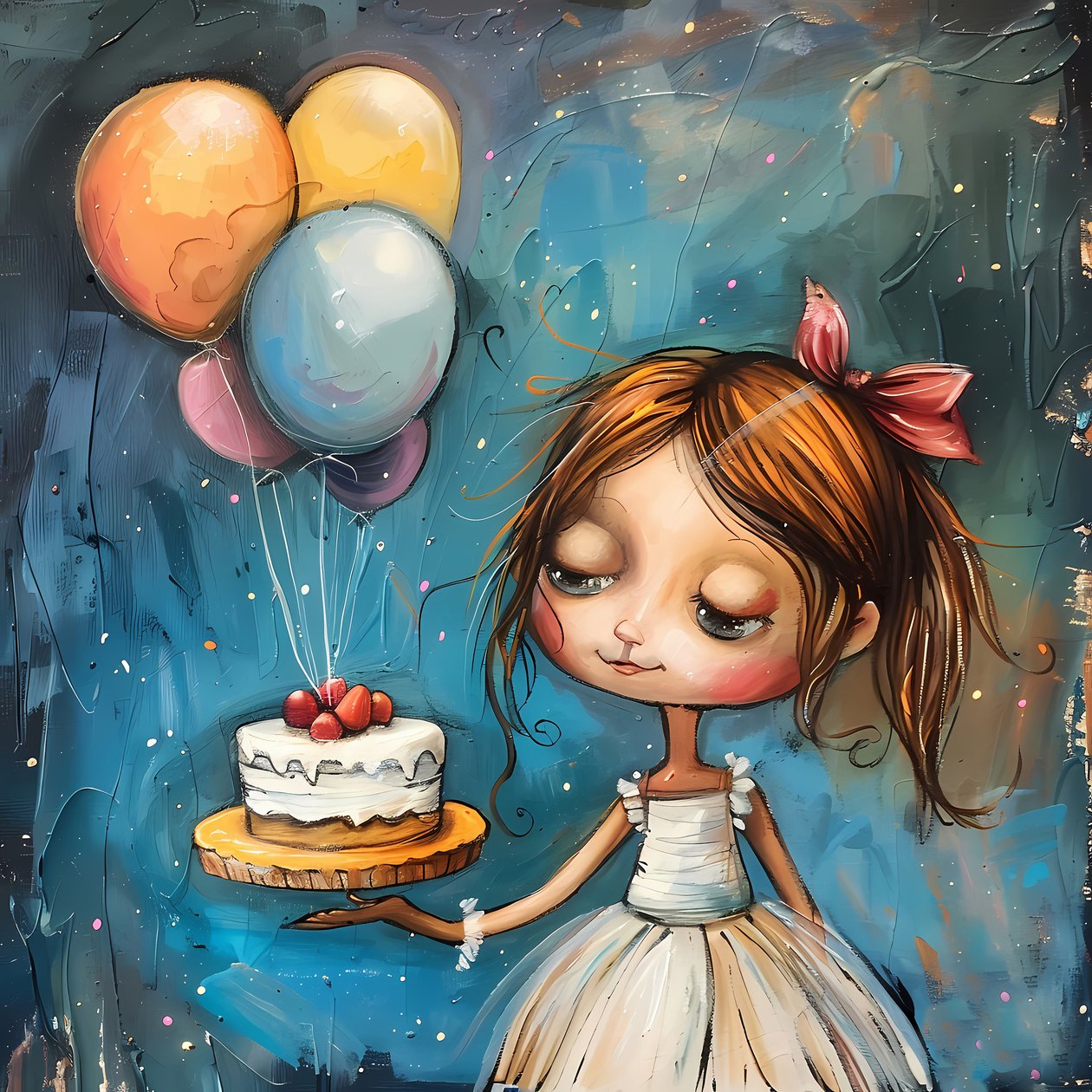 Una niña con una tarta de cumpleaños y globos, impresiones en lienzo enmarcadas de F. Abderrahim