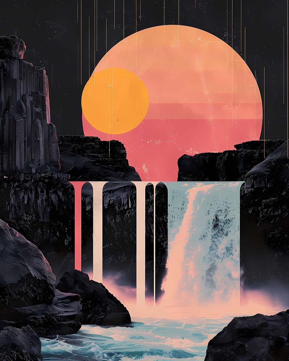 Cascada minimalista en atardecer rojo, pósters enmarcados, impresiones artísticas sobre lienzo online de F. Abderrahim
