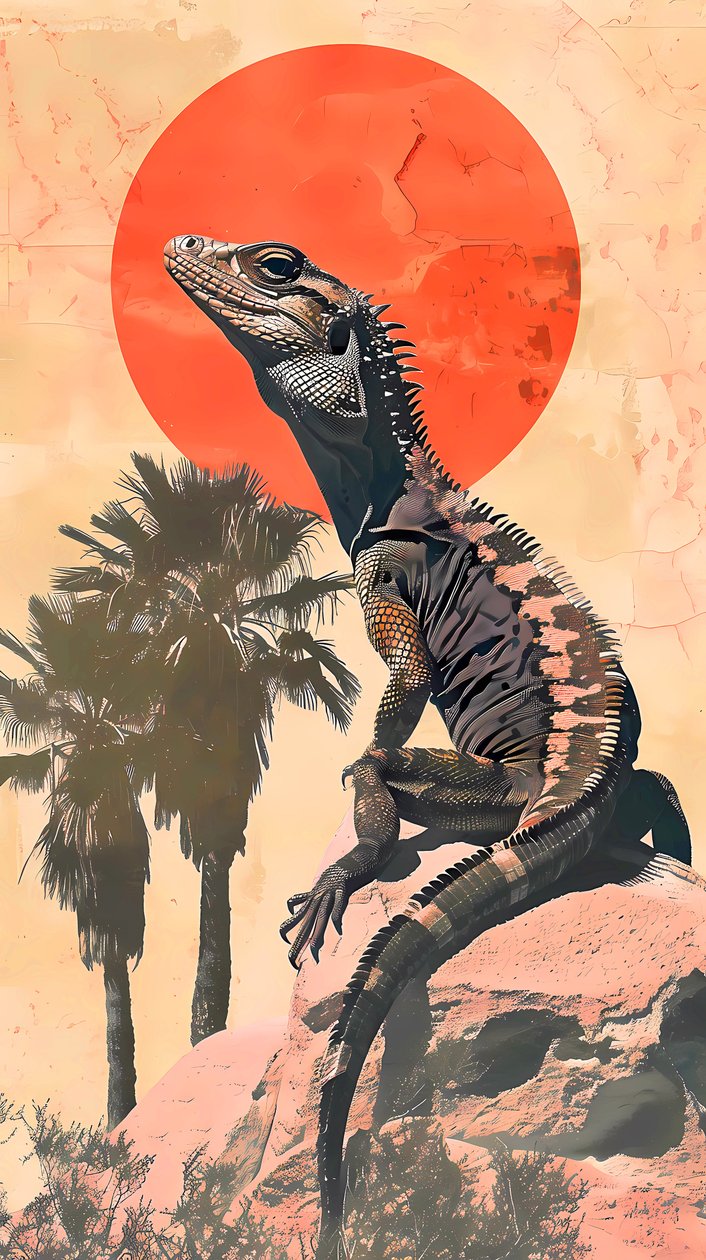 Un lagarto tomando el sol en una roca con un fondo de Palmera, impresiones artísticas en lienzo de F. Abderrahim