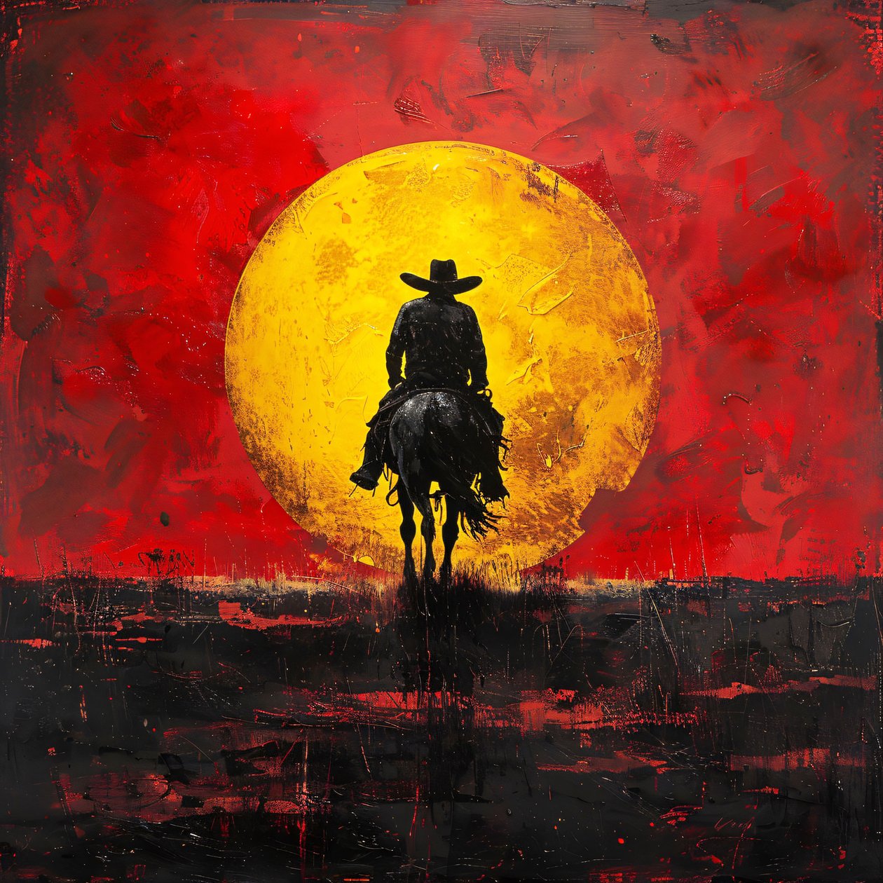 Póster de dibujos animados Vintage Western Cowboy and Sunset para decoración de pared de F. Abderrahim