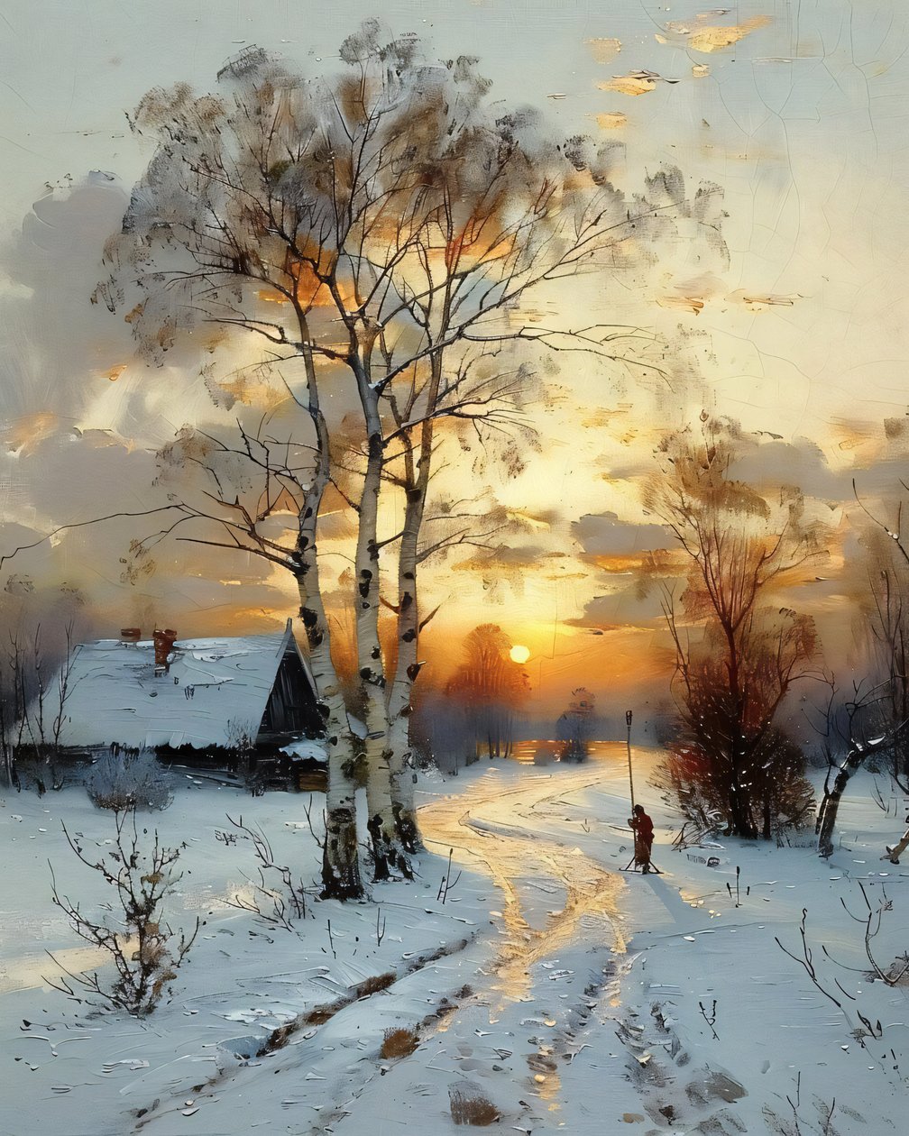Una casa en el campo al atardecer en invierno entre la nieve, Impresiones en lienzo de F. Abderrahim