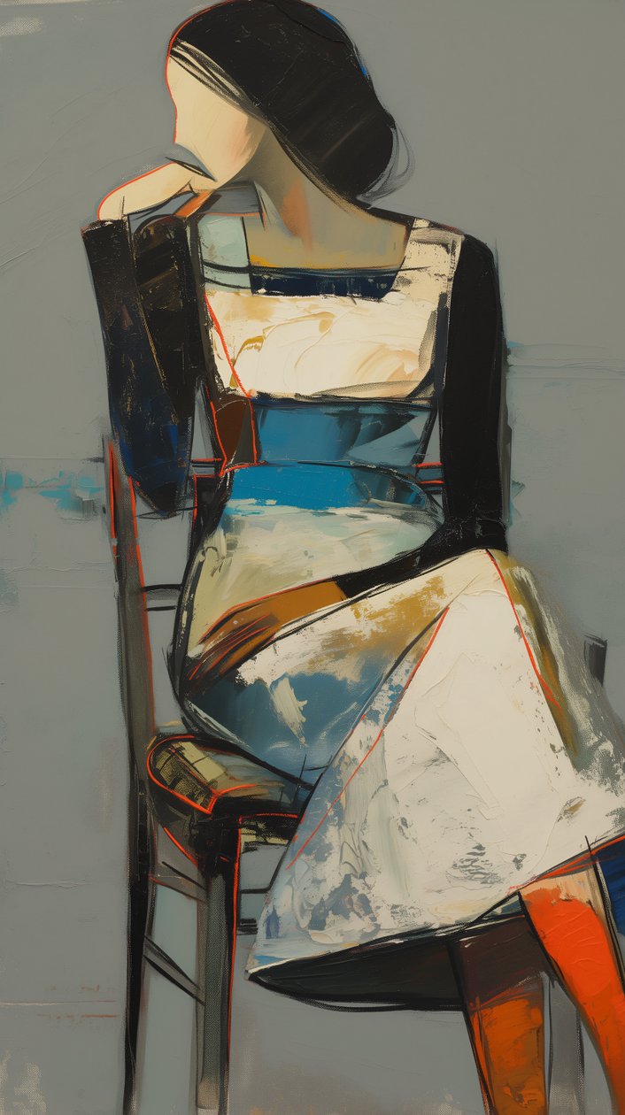 Pintura abstracta : una mujer con vestido sentada para impresiones en lienzo y póster de F. Abderrahim