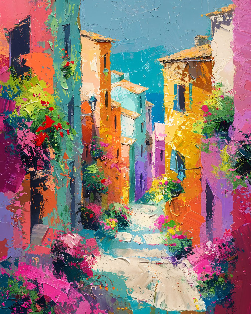 Pintura abstracta casas de colores en un pueblo mediterráneo calle | impresiones artísticas de F. Abderrahim