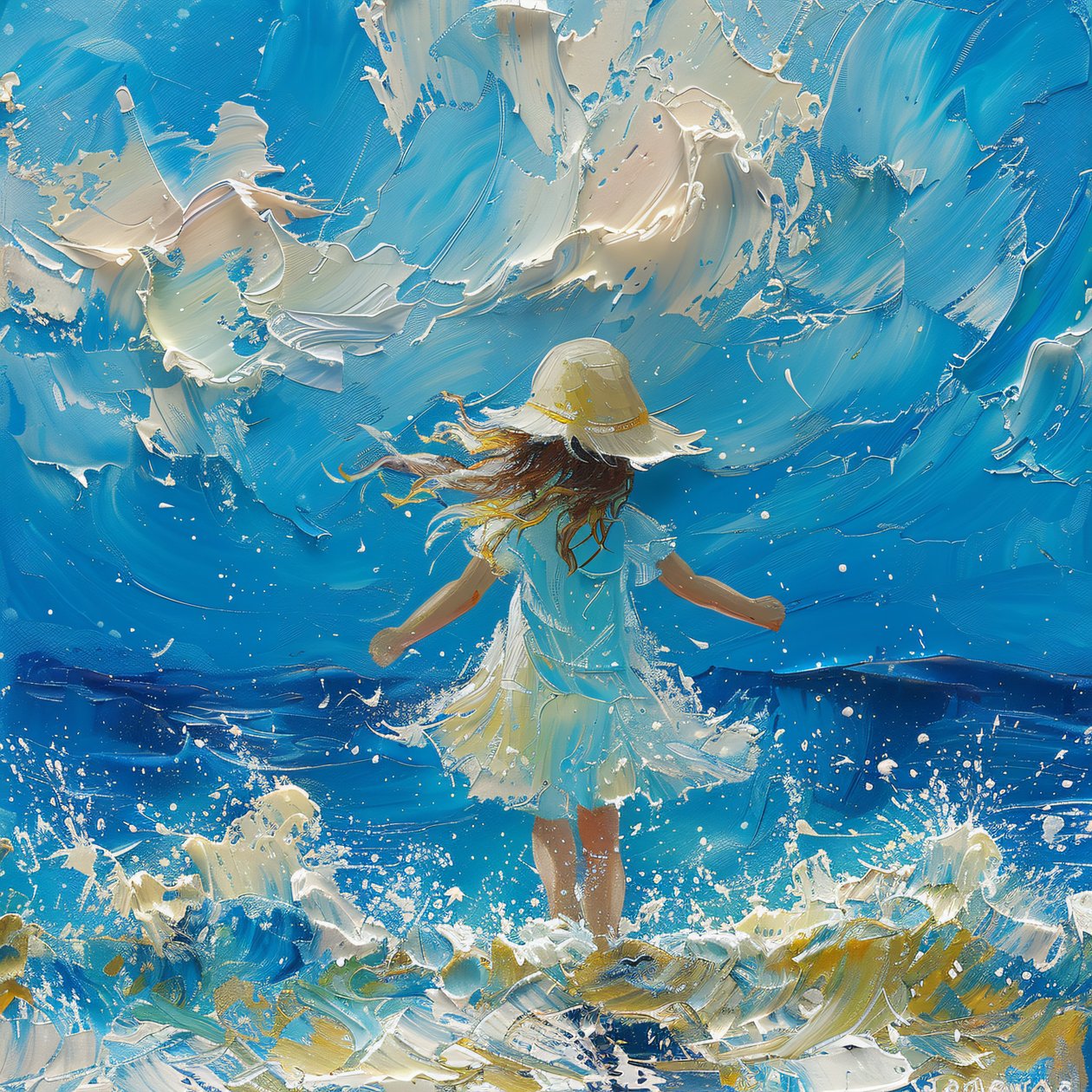 Pintura abstracta : linda niña frente a la brisa del mar para impresiones en lienzo de F. Abderrahim