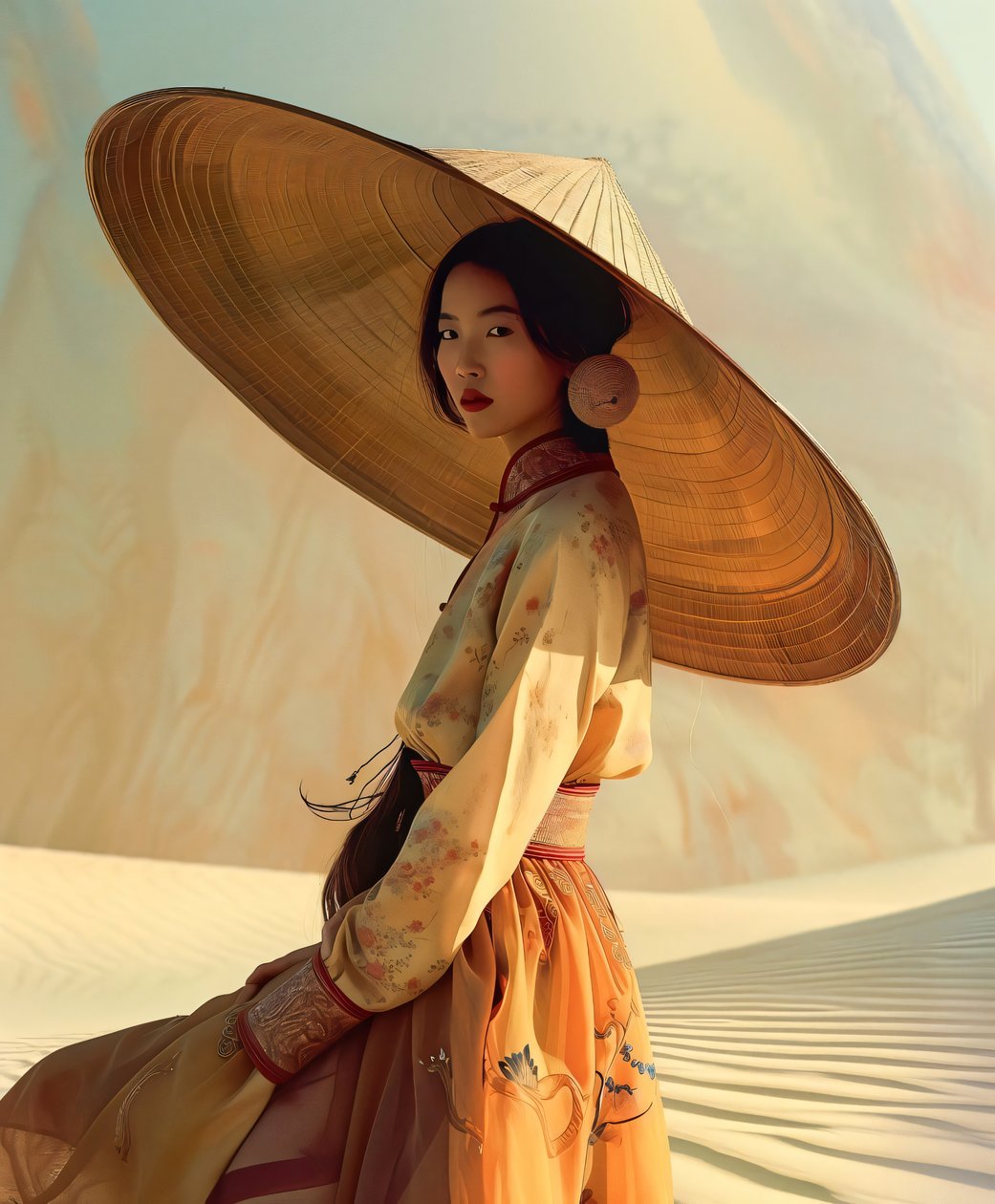 Mujer china en kimono amarillo en un desierto | Asian figures wall art prints de F. Abderrahim