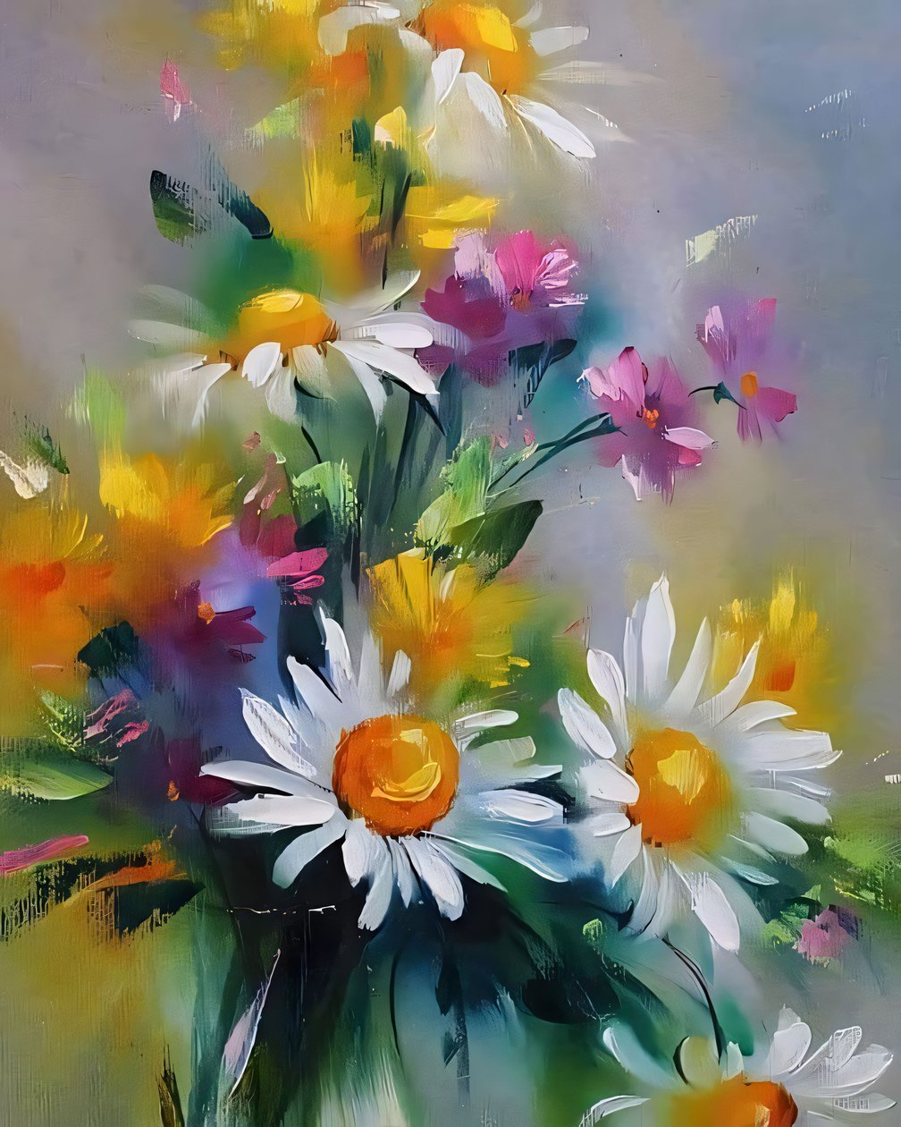 Flores de colores | Lienzo Pintura al óleo acrílico mano Decoración de la pared de F. Abderrahim