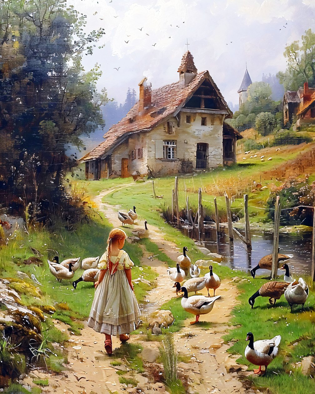 Chica y aves de corral en un paisaje de la vieja Europa Berkshire Homestead estilo impresiones artísticas de F. Abderrahim