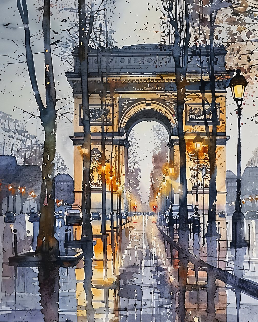 Pintura de acuarela : Campos Elíseos París Francia en invierno | Impresiones artísticas murales de F. Abderrahim