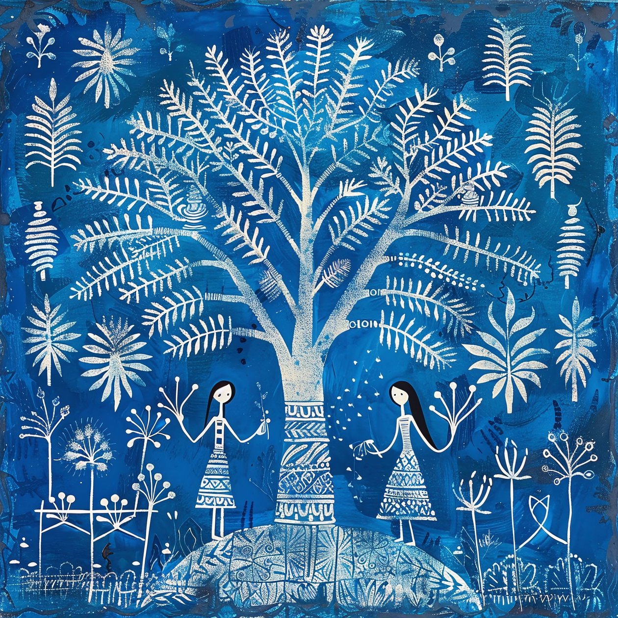 Pintura con motivo naif : mujeres bajo un árbol en azul | decoración de pared de F. Abderrahim