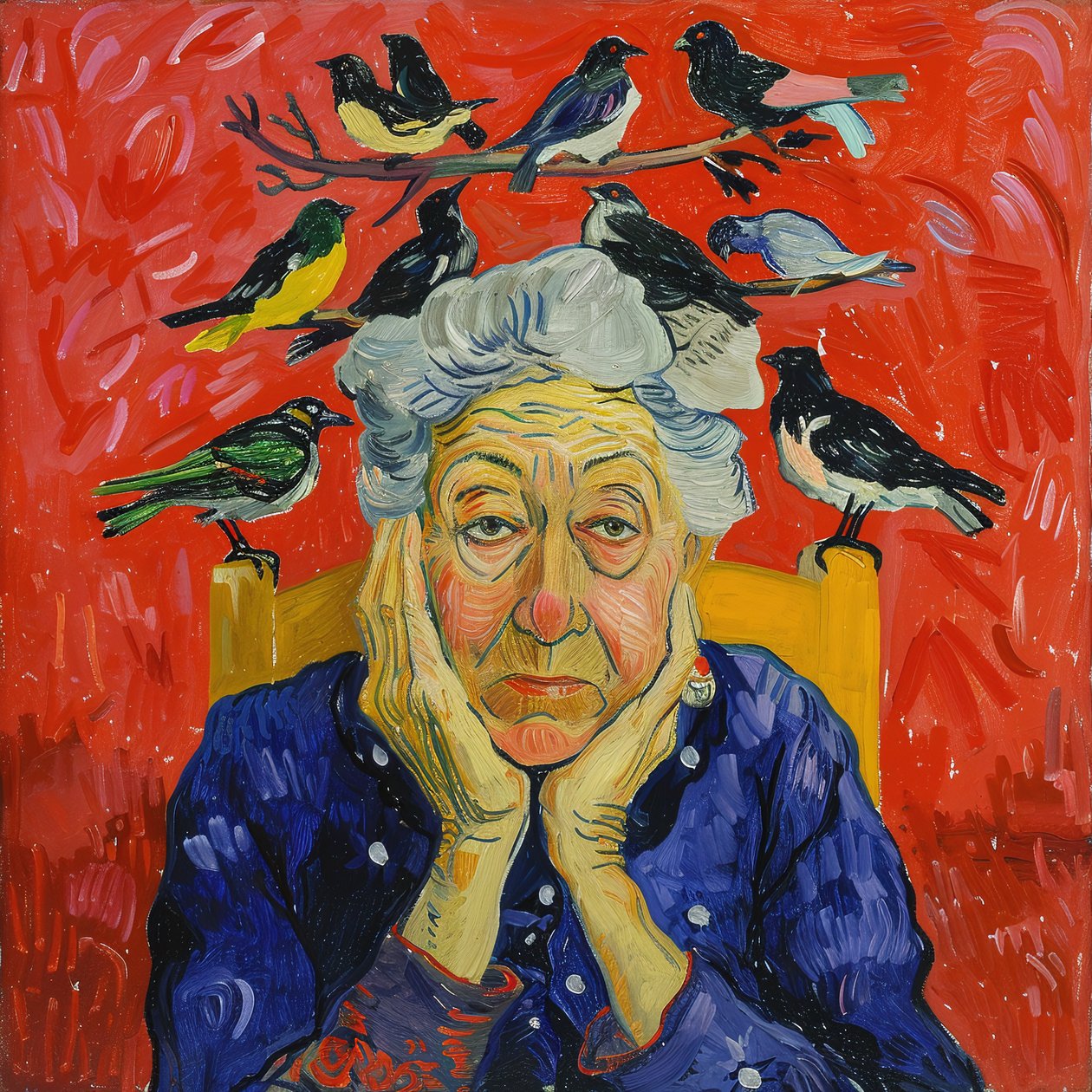 Mujer con pájaros en la cabeza : pintura estilo Matisse | decoración de pared, impresiones artísticas de F. Abderrahim