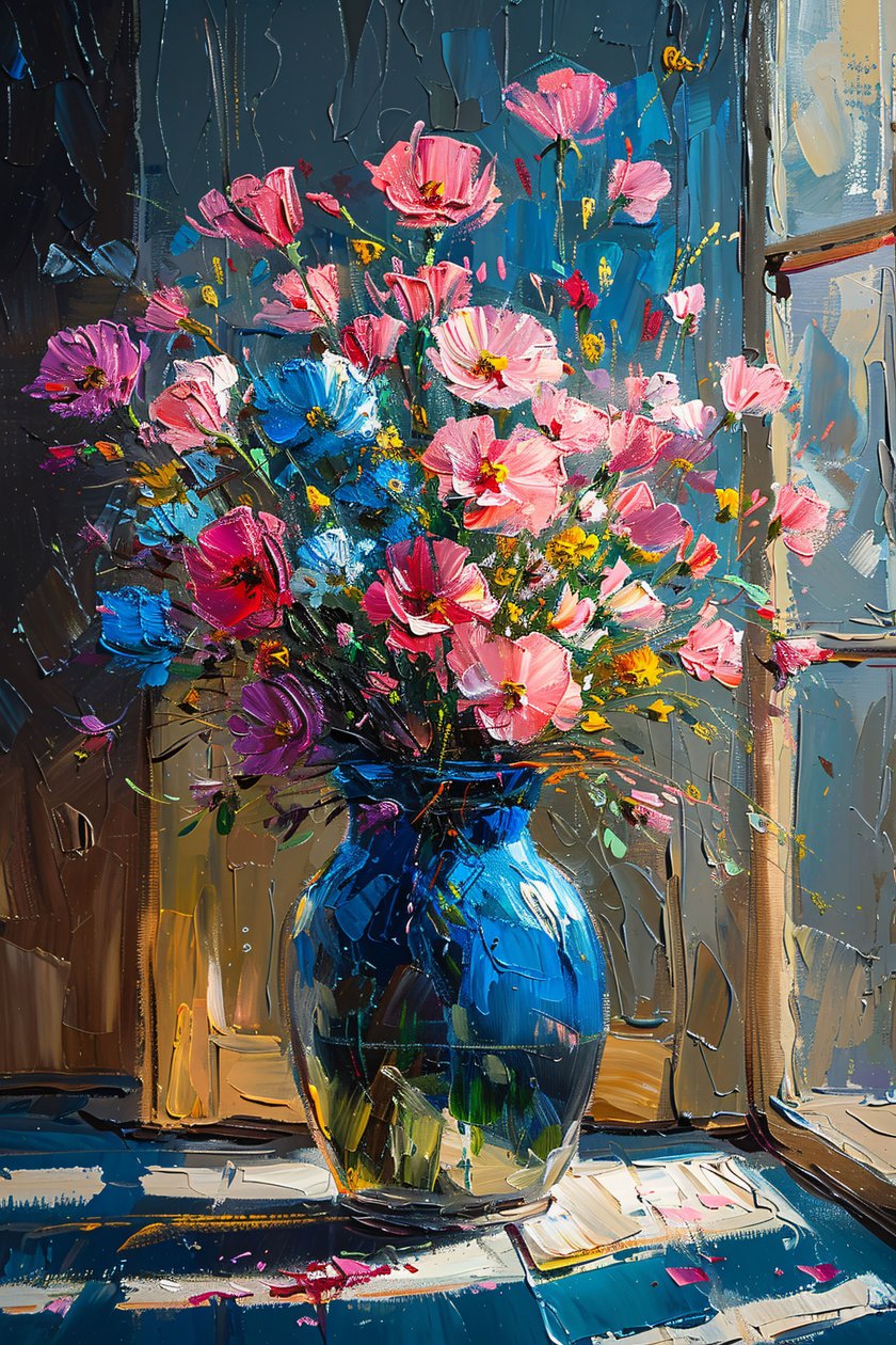 Pintura al óleo de ramo de flores Messy rosa y azul, Framed wall Decor de F. Abderrahim
