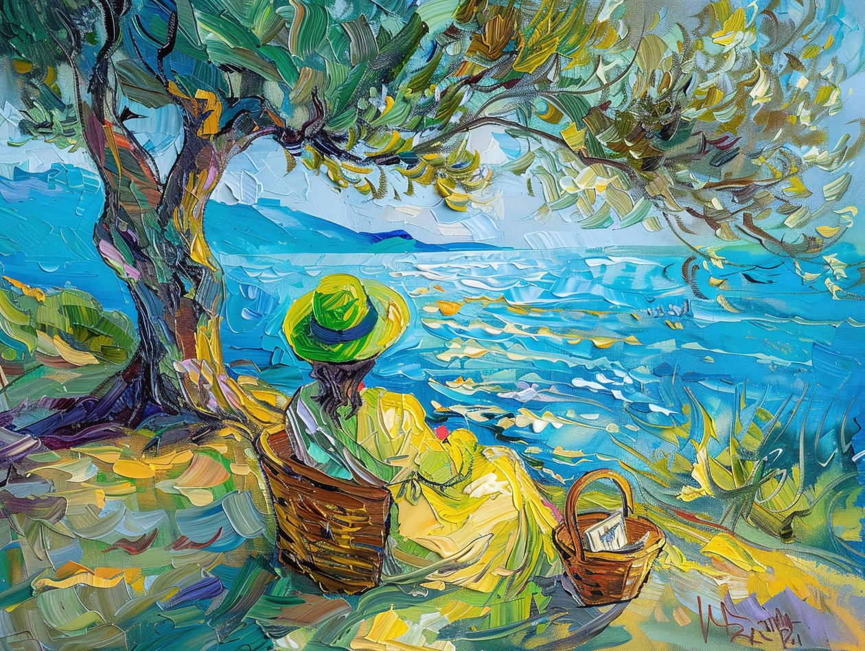 Pintura al óleo abstracta colorida mujer moderna con verde y azul, Wall Decor de F. Abderrahim