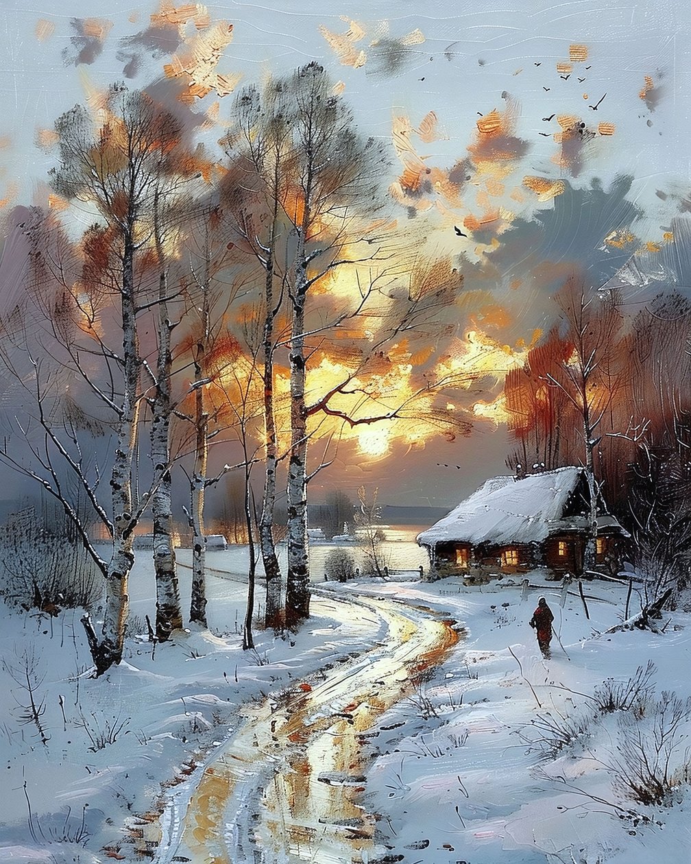 Puesta de sol en una vista natural junto a una cabaña de madera en un día nevado de F. Abderrahim