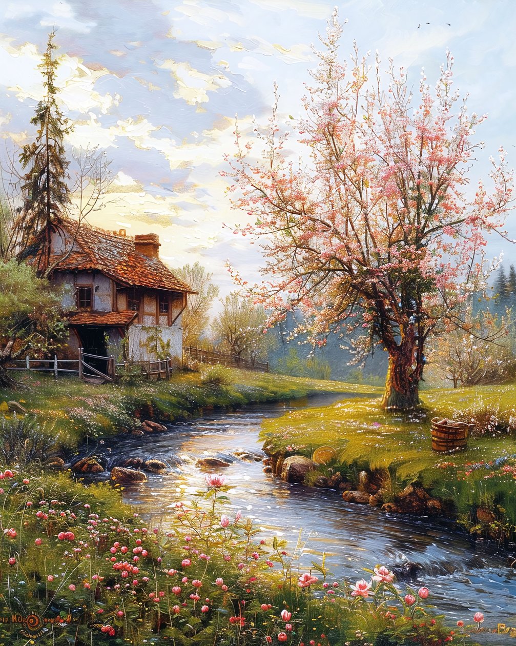 Casa antigua y paisaje con río caudaloso, decoración de pared enmarcada de F. Abderrahim