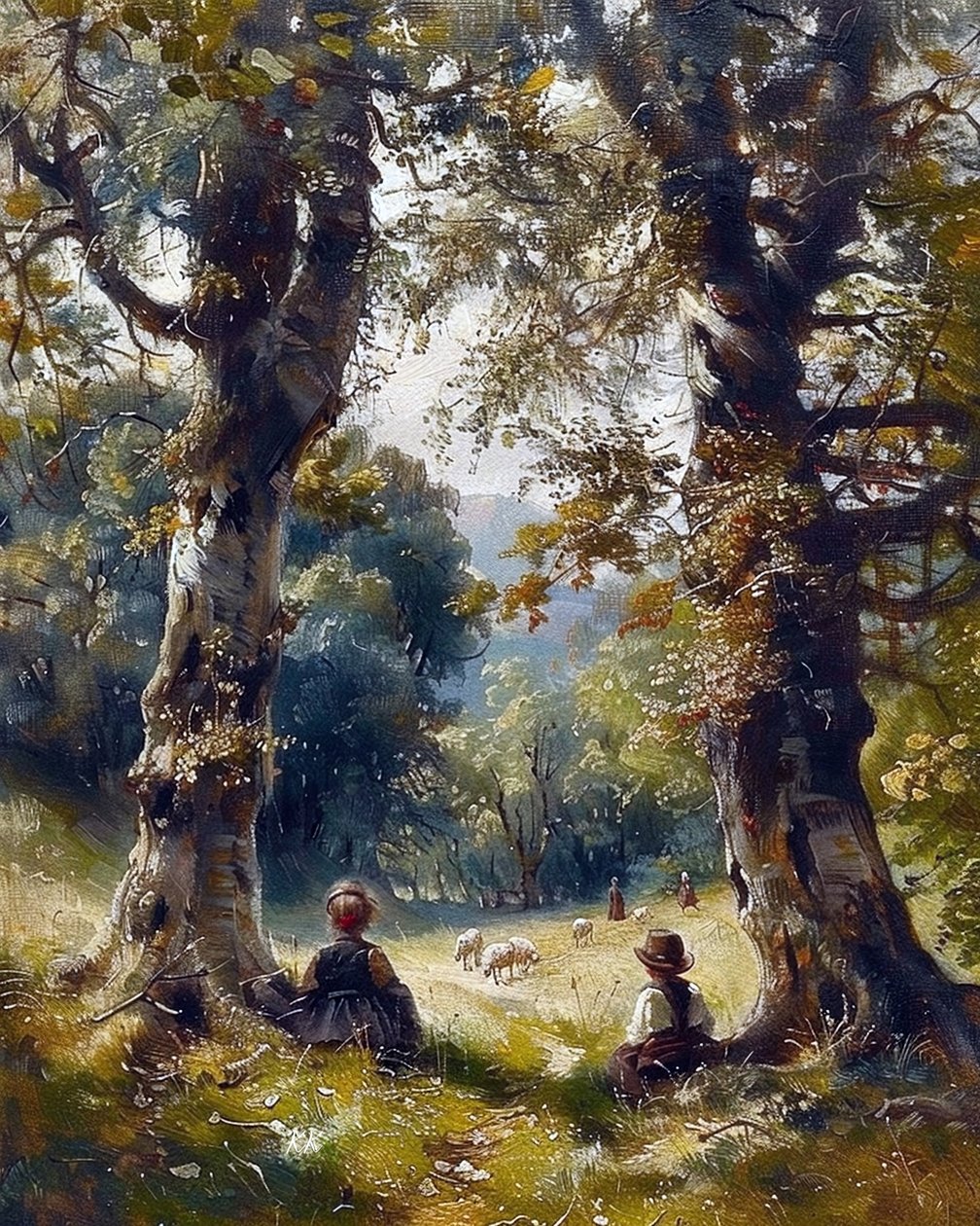Niños sentados bajo los árboles en el bosque, decoración de pared moderna de F. Abderrahim